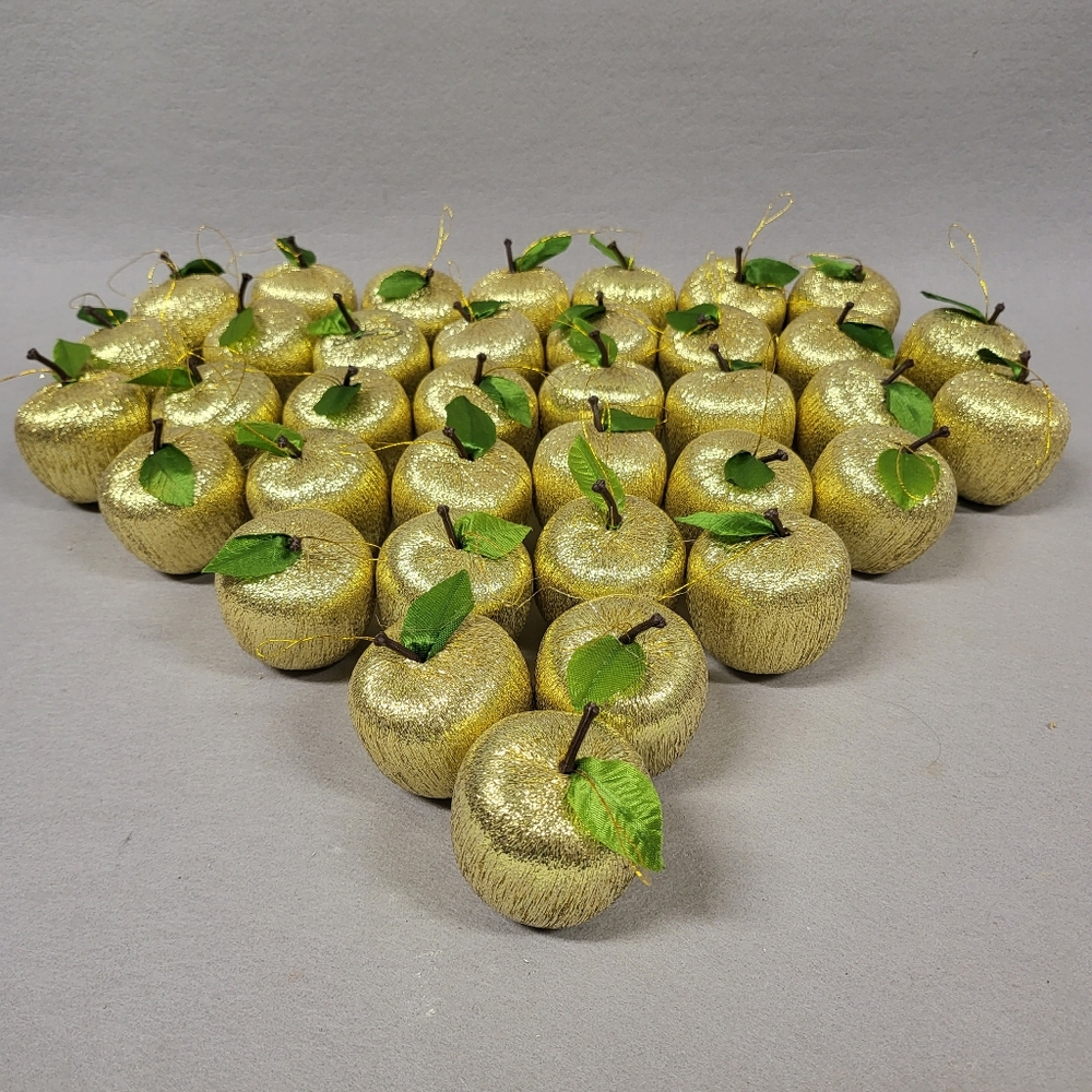 36 Vintage Gold Apple Christmas Fruit Ornaments Glistening Thread Covered
